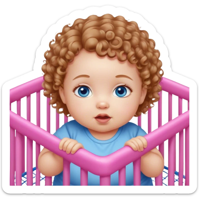 Deep Blue-eyed baby girl with short light brown curly hair, chubby pink cheeks, in playpen  sticker