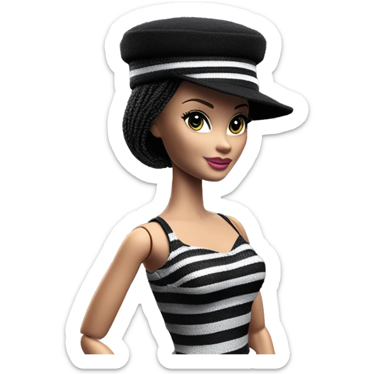 Bouclé Beauty Barbie, 1965 Wednesday Addams from academy, in dark-gray and black striped outfit with hat. Smiling Driving Mercedes convertible sports car  sticker