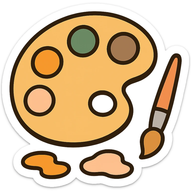 A cute and charming artist’s paint palette with dabs of paint in a warm, cozy color scheme: golden orange (FA9B41), deep forest green (4A7C5C), muted taupe brown (96775A), and pastel peach (FFCC9A). The wooden palette has a soft, rounded shape with a smooth finish, and the paint blobs are arranged neatly like little candy drops. Some splashes of color are playfully smeared nearby, and a tiny paintbrush rests beside the palette. The overall mood is light, artistic, and whimsical, with soft lighting and a gentle, creative atmosphere — perfect for a dreamy, storybook-style illustration. sticker
