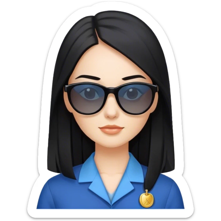 Fair skinned pretty woman with long straight black hair with sun glasses and blue teacher uniform and black colar sticker