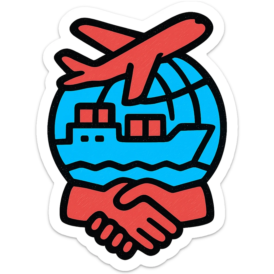 A bright icon of a cargo ship and airplane symbolizing global partnership, using only colors #1E90FF, #F13816, and #FFFFFF sticker