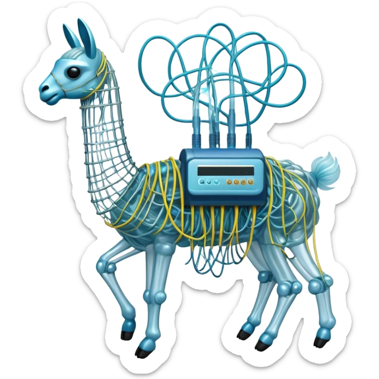 A high-tech llama made of electric wires and cables with rubber scales that reveal its electric skeleton, possessing both jellyfish-like tendrils and the ability to generate electrical pulses that illuminate the ocean depths. sticker