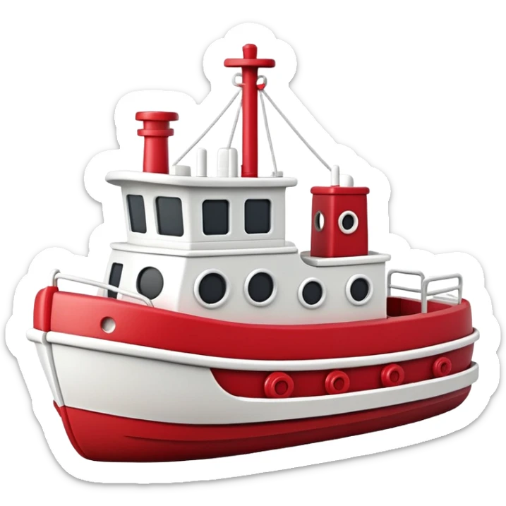 A wooden toy tugboat with a happy face and rosy cheeks sticker