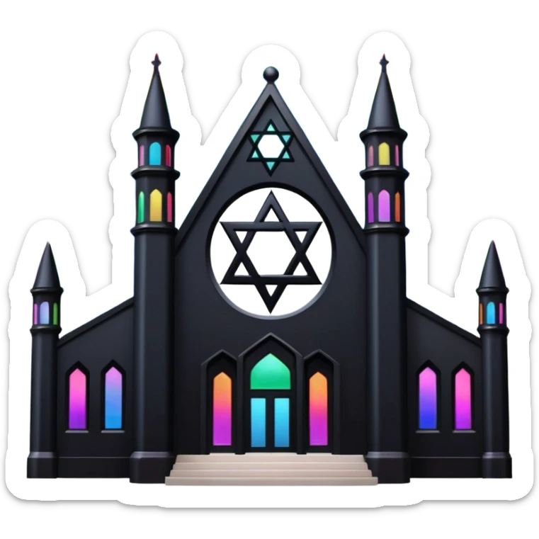 jewish synagogue temple in dark goth aesthetic style with black building and very light rainbow tint glass windows and star of david and celestial symbolism sticker
