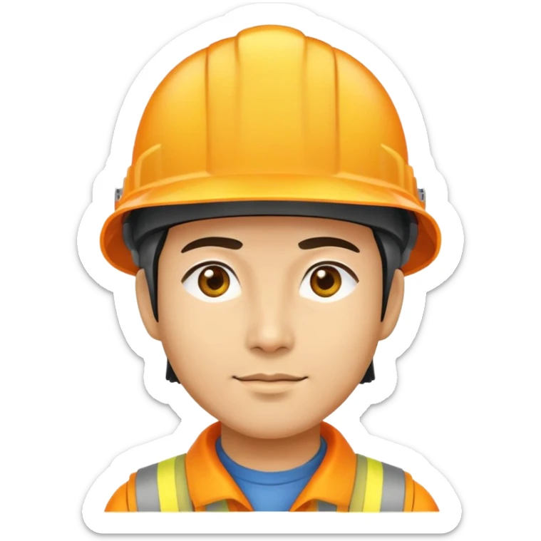 Man of Chinese appearance wearing an orange helmet with a yellow hat on top sticker