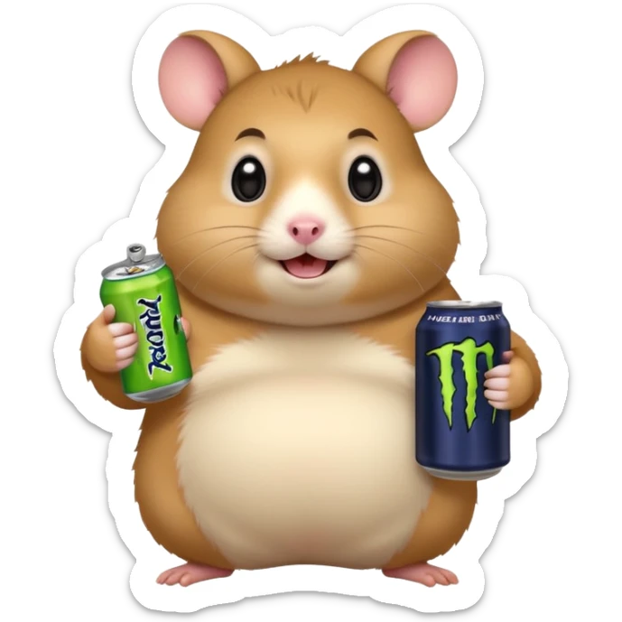 Funny cartoon-style fat hamster with big wide eyes  holding a can of monster energy in one hand and redbull in the other hand sticker