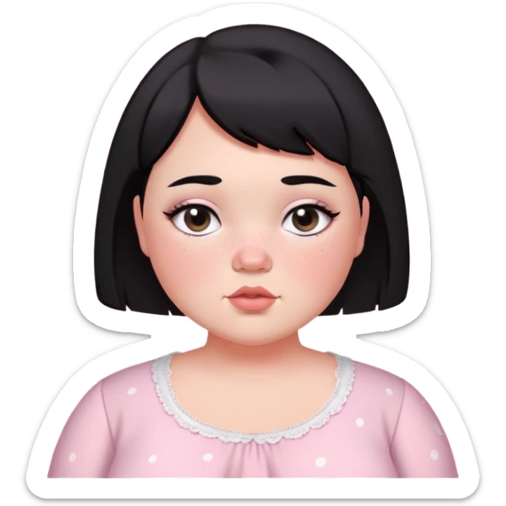 black short haired chubby girl with black eyes and fair skin with freckles in a light pink coquette blouse sticker