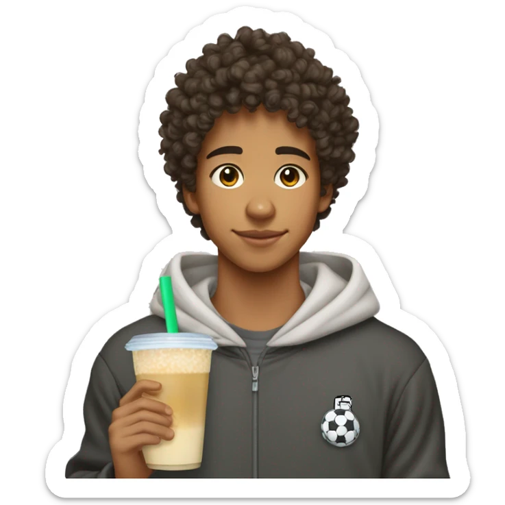 15 year old boy. Olive skin, curly hair, soccer player. Wearing a hoodie and fit. Drinking boba tea sticker