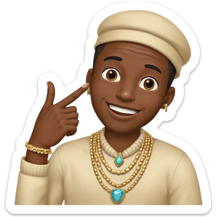 Giggling black man with jewelry covering his mouth with his right hand with one thumb and four fingers only sticker