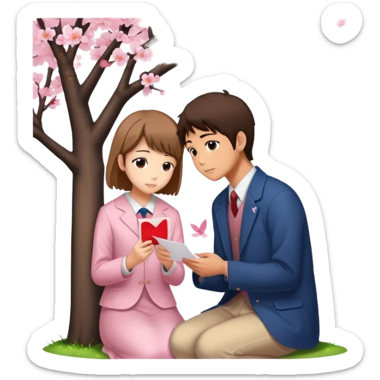 Japanese high school boy confessing love to a girl under cherry blossom tree with love letter sticker
