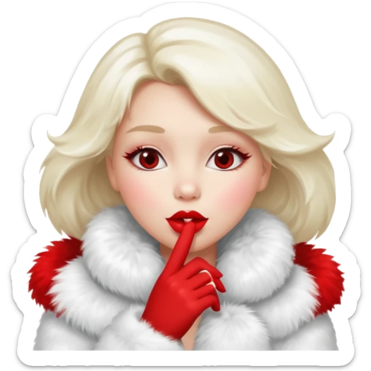A beautiful, cute girl with red lipstick on her lips is posing for a photo in a white fur coat, and she's seen in full view, blowing a kiss. sticker