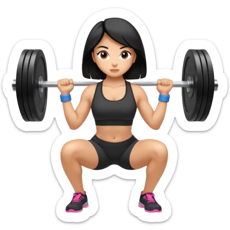 Fitness girl doing the squat with bar and weight, black hair sticker
