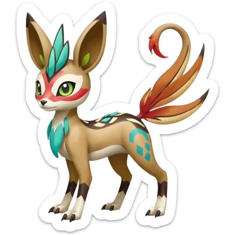 Tribal Colorful Exotic Fionbri-Kalon-Falvie-Vernid-Meloetta-Pokémon-Fakémon-Digimon-Spectrobe-hybrid-fusion, full body, with painted paint splash markings  sticker