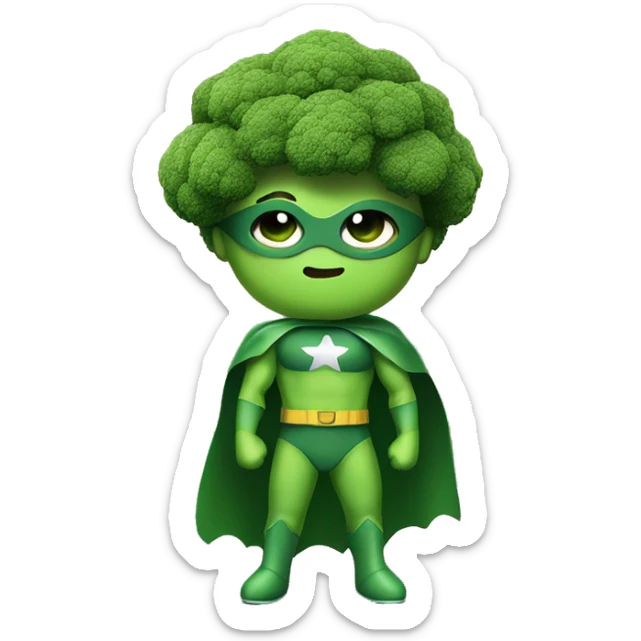 kawaii cute funny mini superhero with green clothes and a broccolis as hair,  full body saying hello sticker