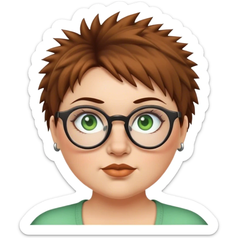  plus size white women round nose with short  brown shaggy spiked hair wearing glasses green eyes sticker