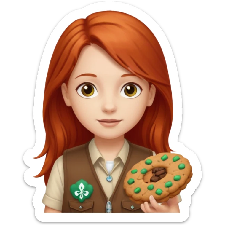 white girl scout with red long hair selling cookies with a brown Girl Scout vest and white shirt under vest. She should be around 10 years old sticker