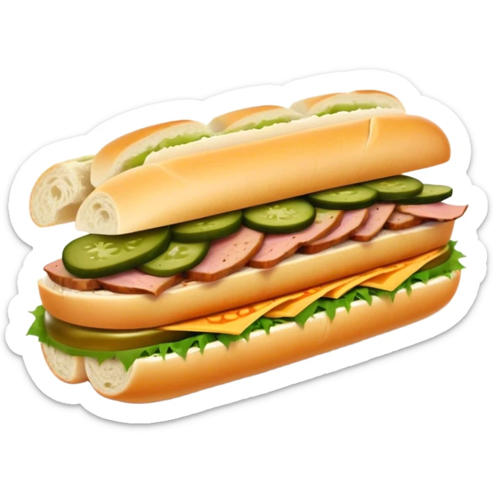 Cinematic Realistic B√°nh m√¨ Sandwich Dish Emoji, showcasing a crusty baguette filled with savory meats, pickles, and fresh herbs rendered with dynamic detail and appetizing lighting. sticker