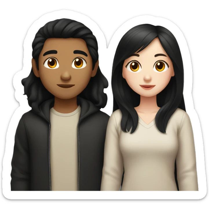 Asian boy with pale skin and dark black hair with Hispanic girl brown skin long black hair in a heart kissing  sticker