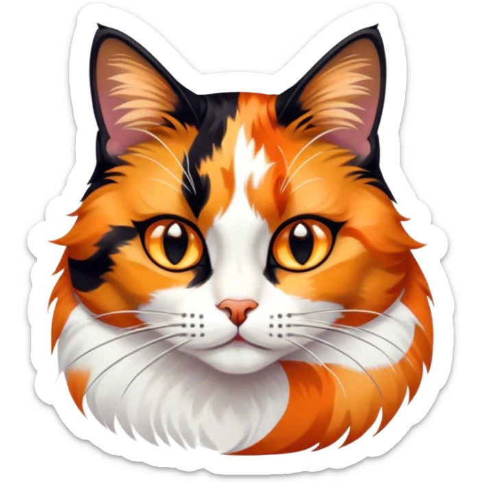 Cinematic Noble Calico Cat Portrait Emoji, Poised and regal, with a striking patchwork fur in vibrant orange, black, and white hues, delicate whiskers and a refined, focused gaze, simplified yet exquisitely detailed, glowing with a soft, moonlit radiance and an air of aristocratic elegance, high shine, exuding dignified intelligence and poised authority, soft glowing outline, capturing the essence of a watchful and noble calico cat that appears ready to grace the screen with effortless majesty! sticker
