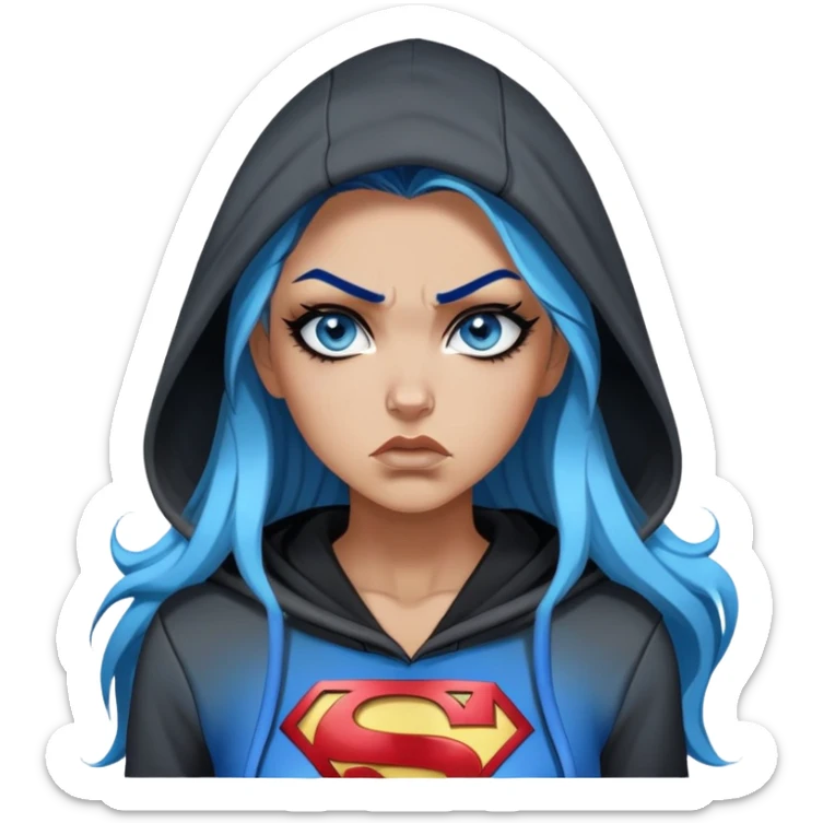 Female-Very tall-very very very large chest-really angry-waitin-very long straight flat black to sky blue hair ombre-blue eyes-black eyeliner-long eyelashes-hoodie with glitter superman logo-leggings-lippierced sticker