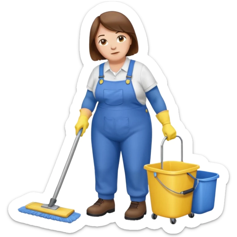 old and fat women, brown hair, Custodian with yellow rubber gloves, white T-shirt, blue overalls, mopping floor sticker