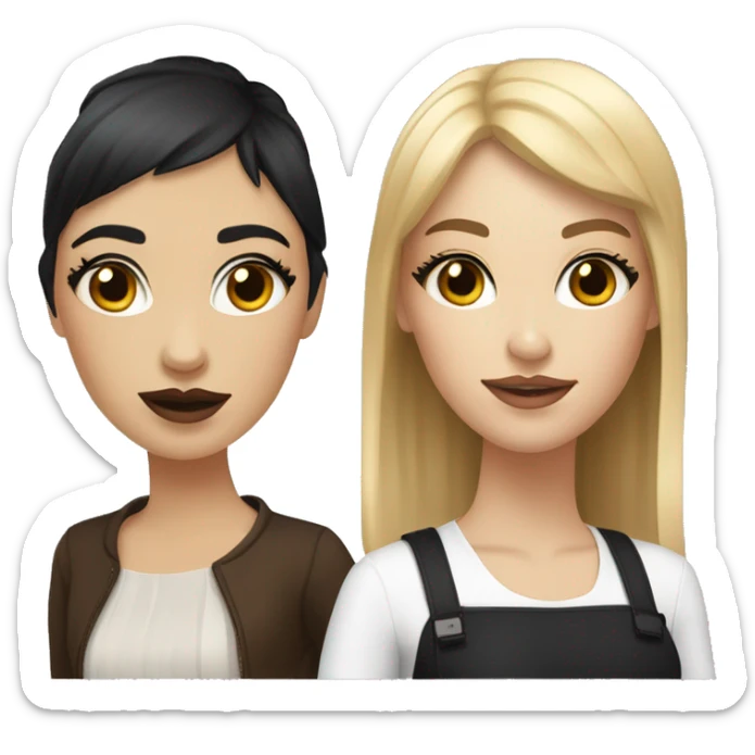 Two white girlfriends. One with brown hair in square, the other with black hair, bangs and a square. In fashionable clothes and beautiful modern makeup sticker