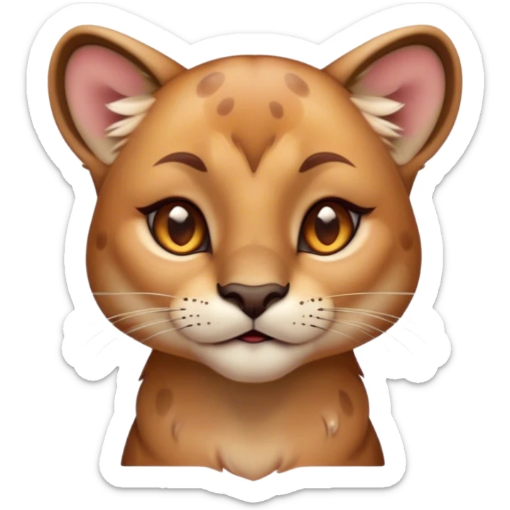 Cinematic Cute Cougar Portrait Emoji, Head tilted playfully and inquisitively, featuring a glossy, tawny Fur with delicate dark markings and round, sparkling amber eyes filled with curious mischief, Simplified yet irresistibly adorable features, highly detailed, glowing with a warm, friendly glow, high shine, affectionate and agile, stylized with a touch of wilderness whimsy, bright and endearing, soft glowing outline, capturing the essence of a mischievous yet loving cougar, so playful it feels like it could prowl out of the screen and into your arms! sticker