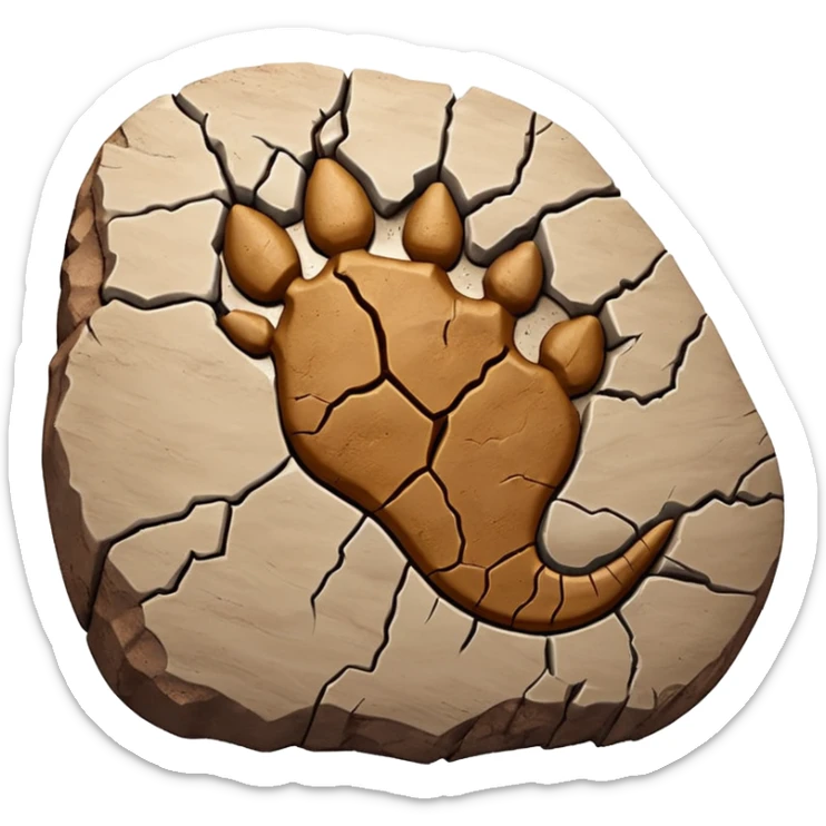 3D render of Dino Footprint, embedded in a chunk of rough sedimentary rock, cracked stone texture, ancient fossil aesthetic, deep indentation in dried brown mud, matte dry finish, Apple emoji style, isolated on white background --v 6.0 sticker