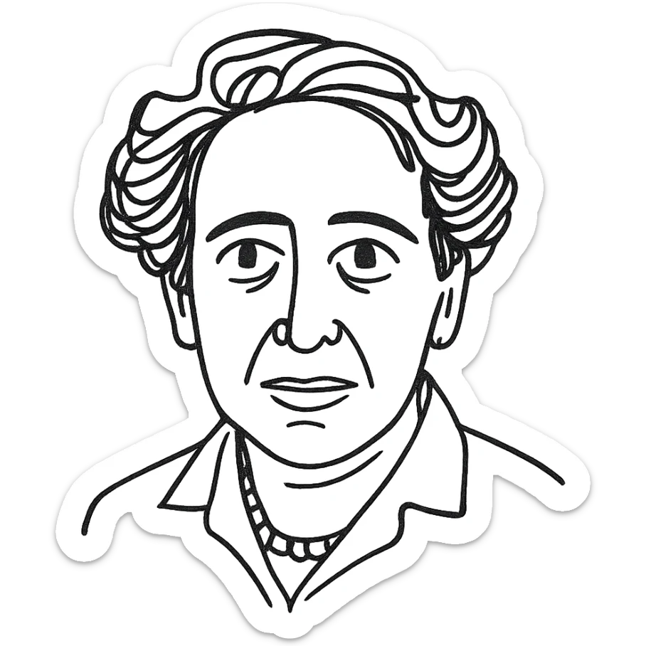 a hand drawn black outline portrait of Hannah Arendt with similar size eyes sticker