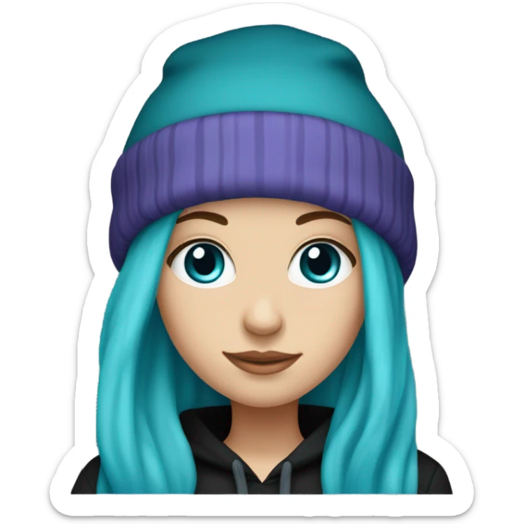 White girl, blue eyes, long teal hair, purple beanie hat, black hoodie, blue jeans, black shoes sticker