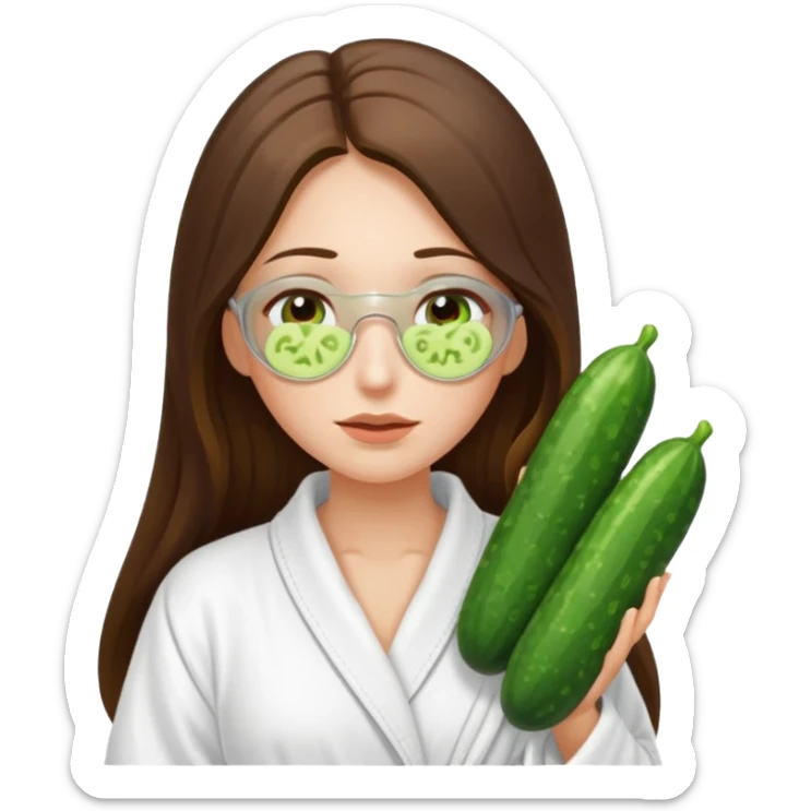 white long brunette hair girl with hazel eyes in a bathrobe with cucumbers covering her eyes sticker