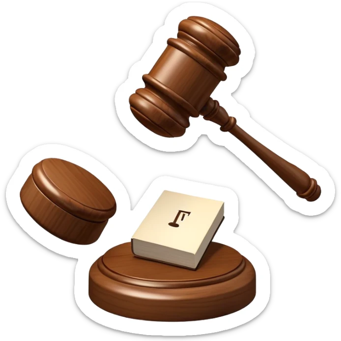 An emoji representing justice and penalty. A wooden judge's gavel striking a sound block, symbolizing a legal decision or punishment. The design is simple, 3D, and slightly glossy, resembling official court decisions sticker