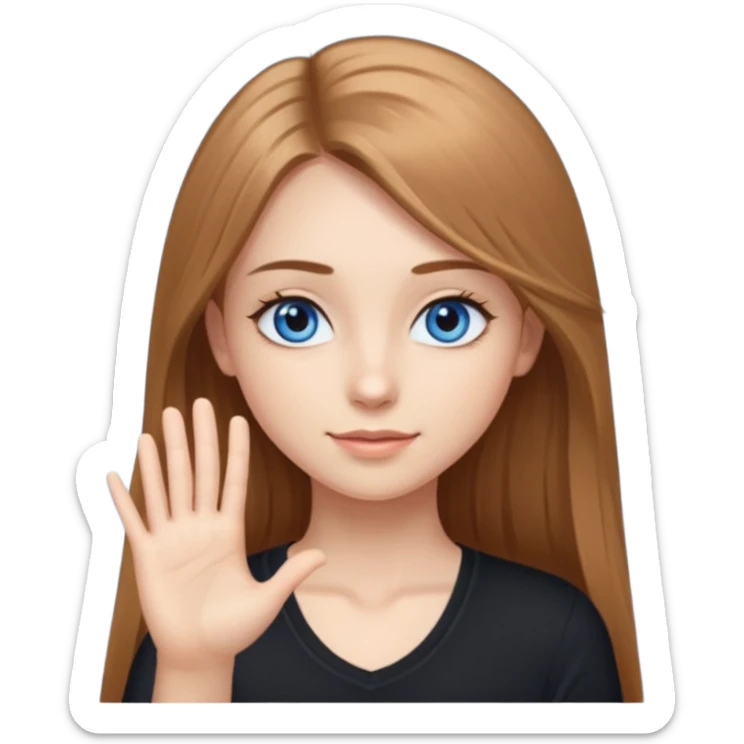 A girly girl with long eyelashes, very long light brown hair, blue eyes, with her palm up. with black undershirt sticker