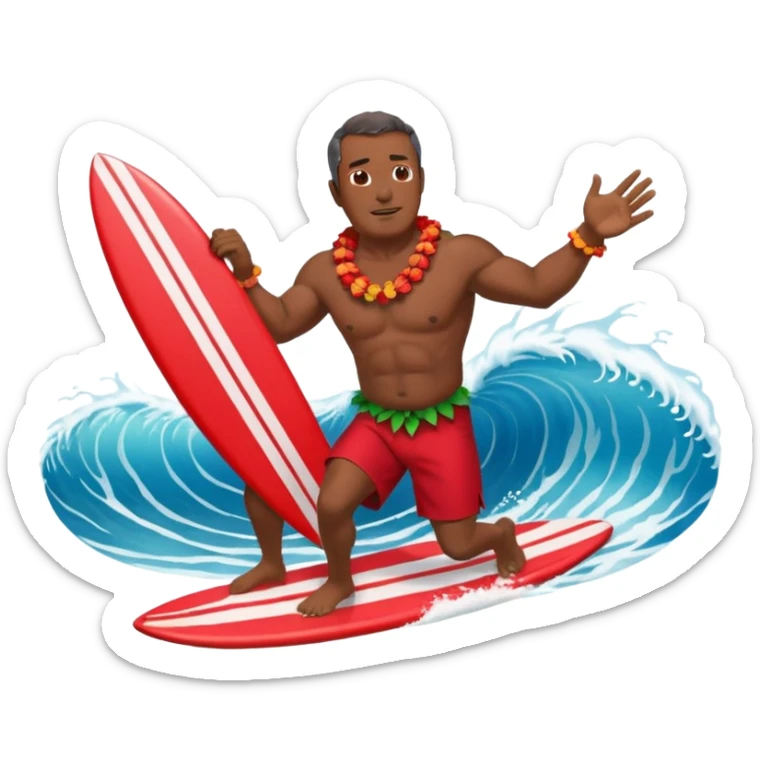 Dark Muscular 50 year old Hawaiian man with red shorts and a shell lei surfing a big wave sticker