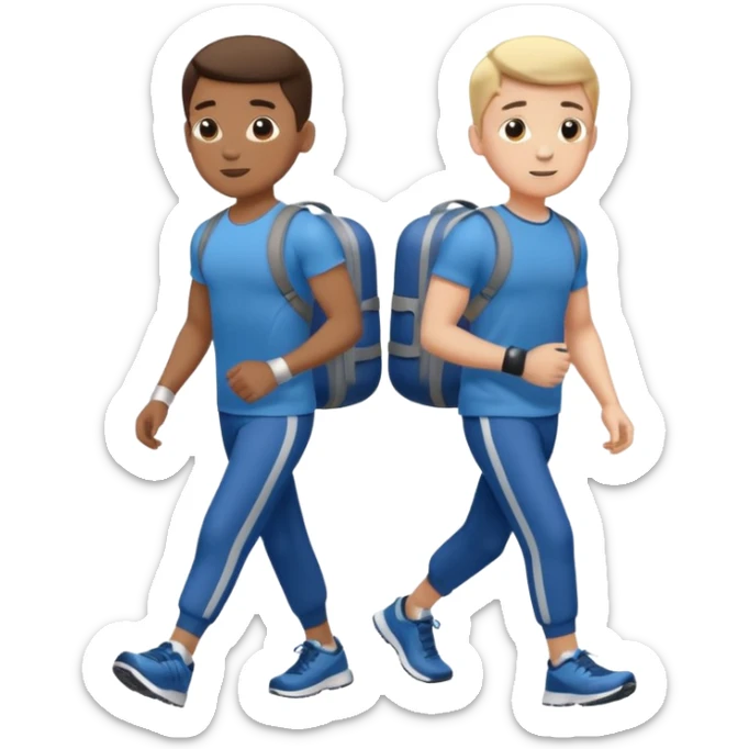two boys walking, wearing gym clothes and carrying gym equipment, full body sticker