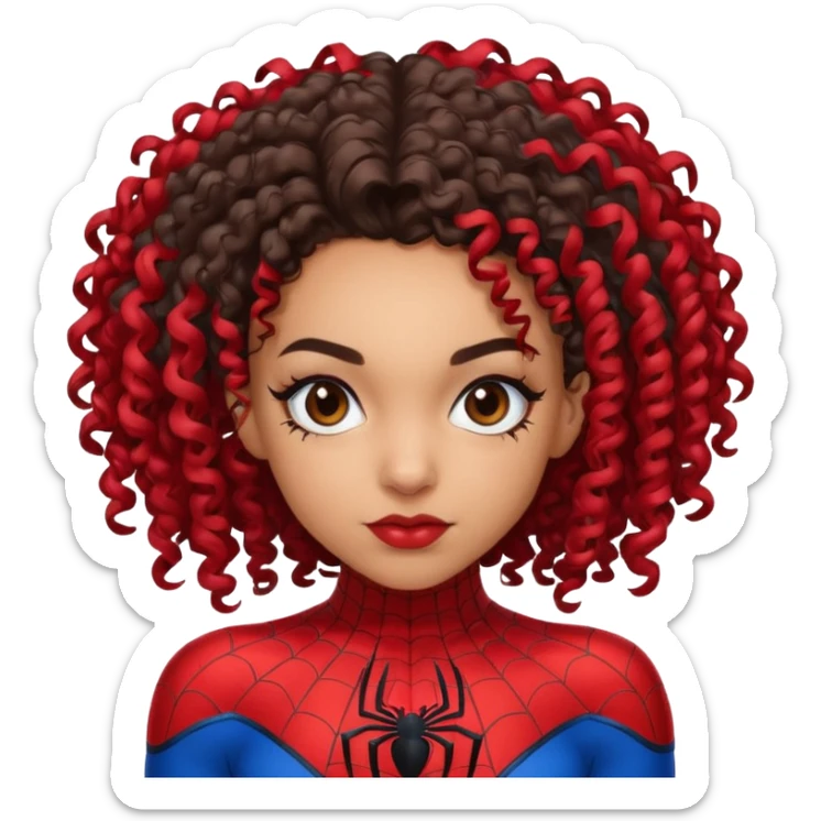 Lightskin girl with curly hair, eyebrow piercing in left side, wearing a spider man costume sticker