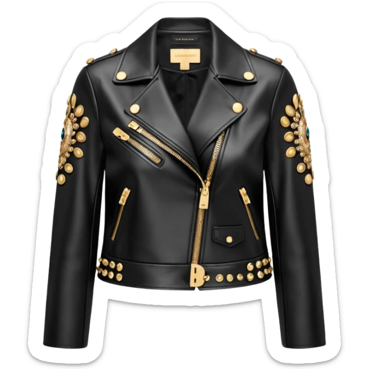 Dolce and gabanna brand Cropped leather jacket for women with 10k gold and metallic edgy style embellishments. 8k, 5000x5000px, 3D rendering, realistic, isolated  sticker