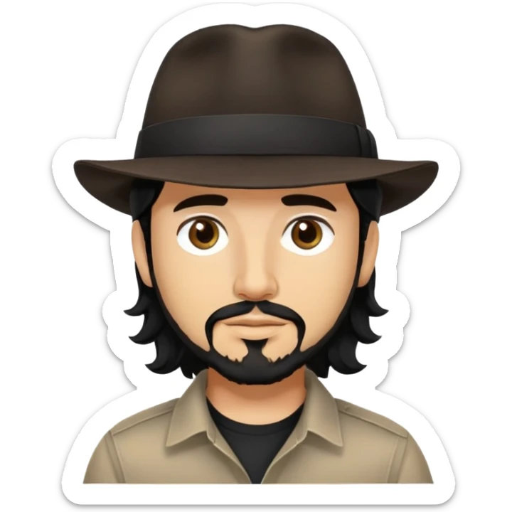 Man with black long wavy hair, brown eyes, tan skin and light black goatee black shirt fedora hat sticker