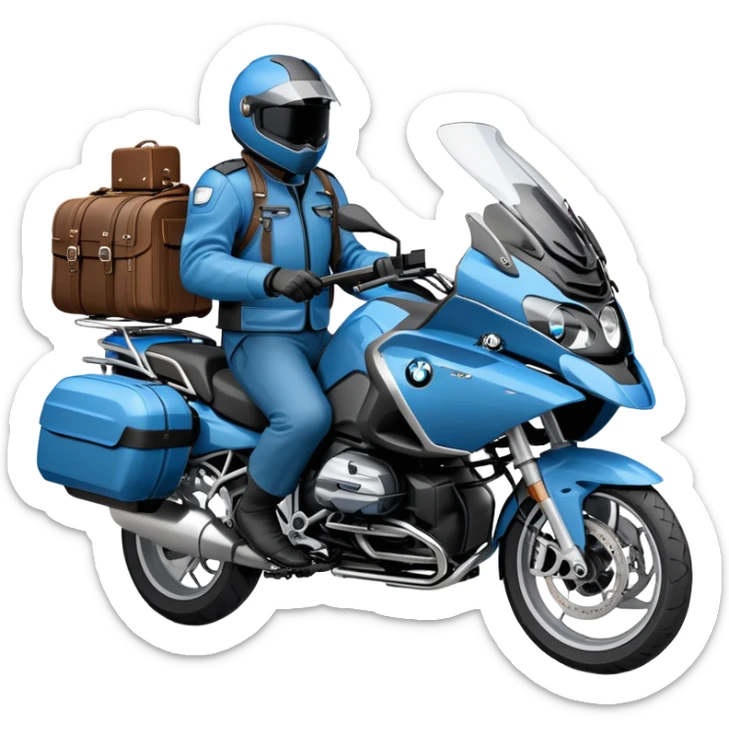 blue BMW R 1200 RT touring motorcycle with rider and luggage panniers sticker