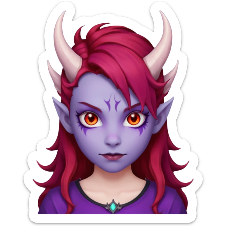 Demon Girl Purple Skin Dragon Horns Black Eyes Red Glowing Pupils Auburn Haired Red Shirt  sticker
