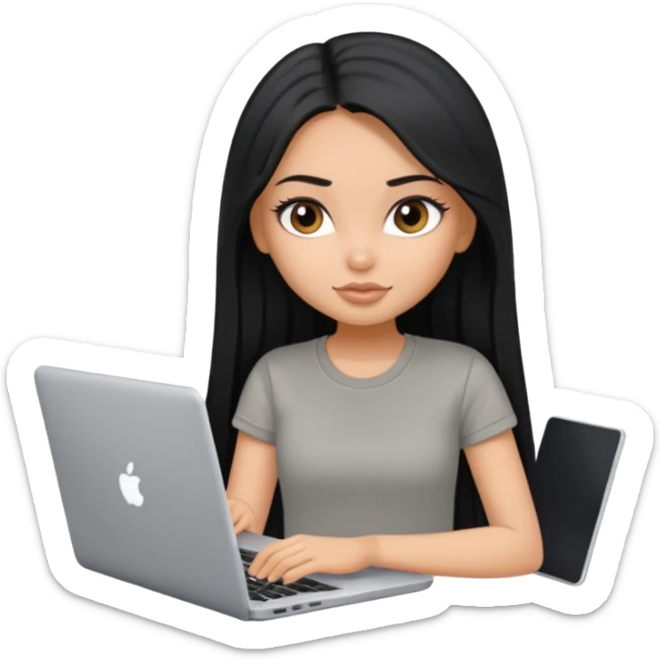a pretty tan bratz girl with black long straight hair, wearing a grey tshirt using her laptop  sticker
