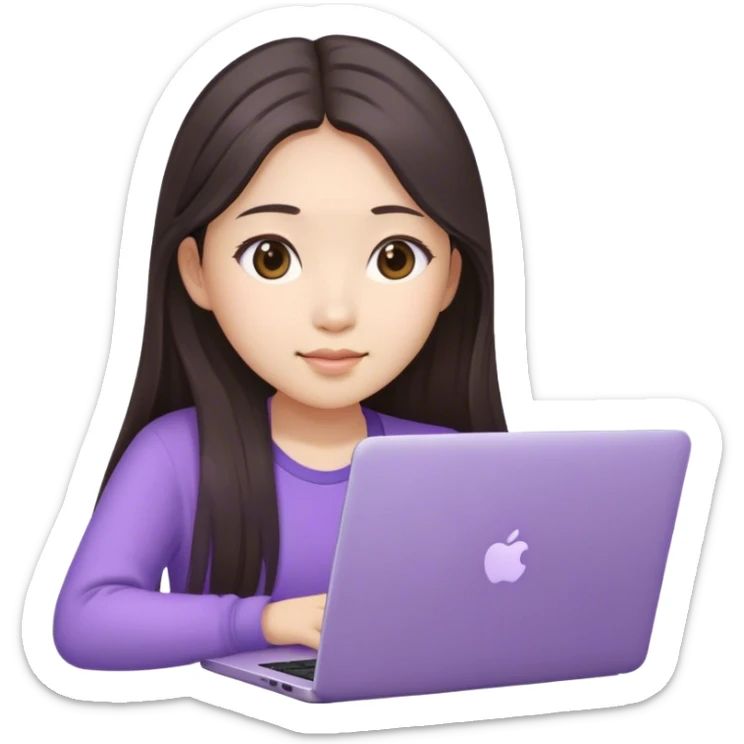 Long hair brunette Asian girl working on lavender laptop sticker