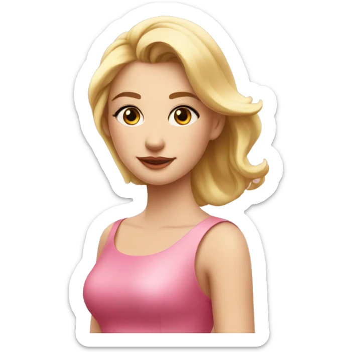 young blonde woman in a pink dress with DIA M written by Manuella Cosméticos sticker