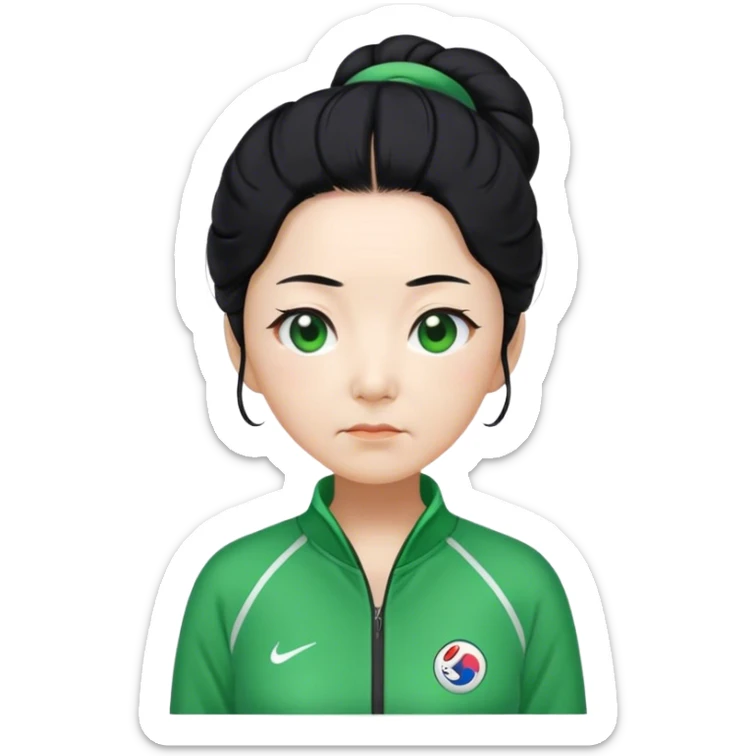 Cha In : a Korean old woman with black hair tie, Green player tracksuit sticker