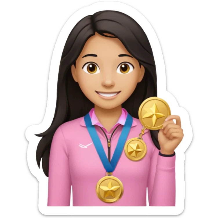 black haired girl wearing pastel pink with one medal, remove any hats, make her smile, make her hair longer, make her tan sticker