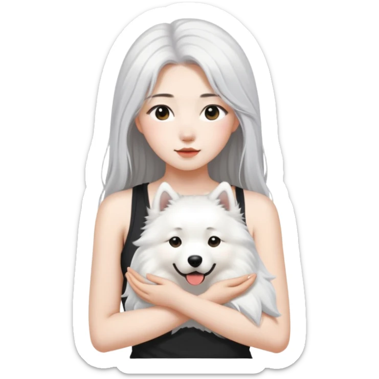  asiatic girl in the black tank top with long gray  hair and a samoyed sticker