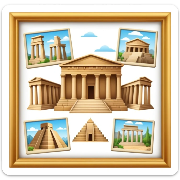 Icon for Historical and Cultural Tourism: iconic landmarks like ancient ruins, a museum and a historical monument, with a travel guidebook and camera. The icon should capture the exploration of history and culture. Transparent background. sticker