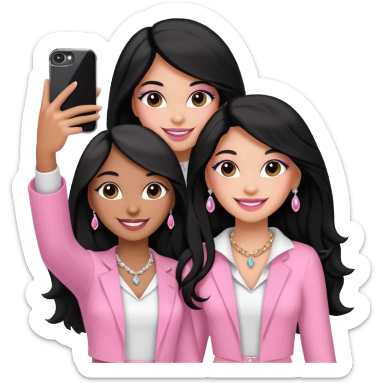 Just 3 besties with professional glammed up looks wearing pink and white, medium skin tone smiling big with black long hair. Very girly wearing jewelry, taking a selfie  sticker