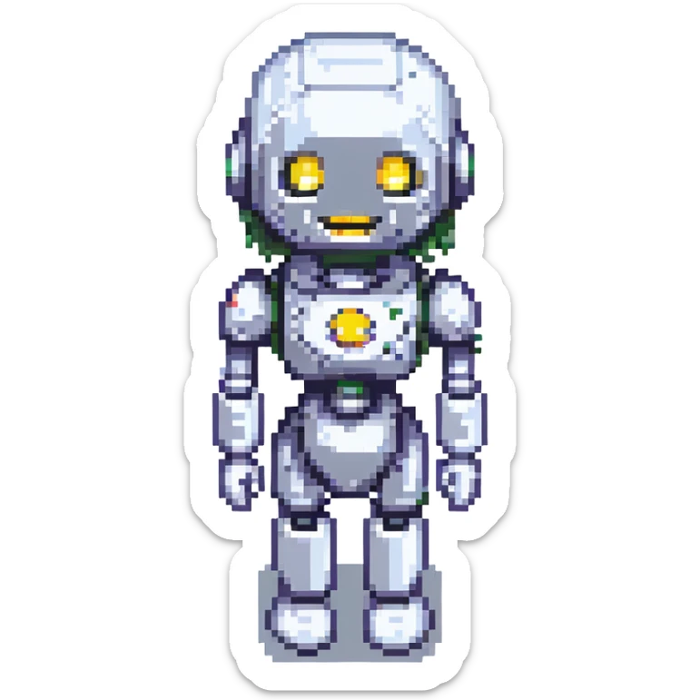 portrait of a cute female recruiter robot, 8-bit pixel art style, metallic, smiling sticker
