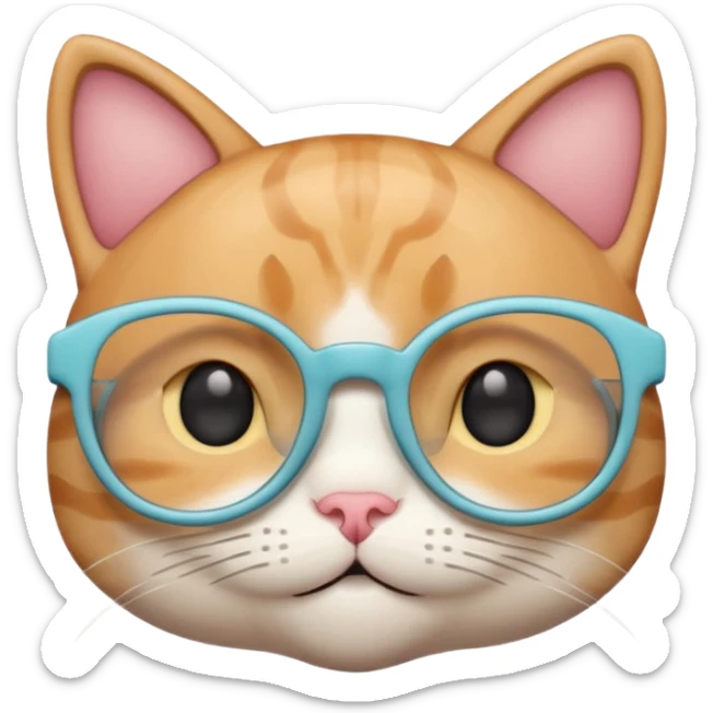 A cute cat emoji wearing geek-chic glasses, minimal design, simple shapes, soft pastel colors, clean vector style, centered composition, emoji style, smooth lines, subtle shadow, high resolution, transparent background, PNG format, no background sticker